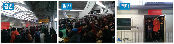 ▲ 왼쪽부터. 금촌역에서 8시 7분에 출발하는 서울역행 급행열차가 도착해 시민들이 열차에 다가가고 있다. 일산역에서 백마역으로 가는 경의선 내부에는 이미 승객들로 꽉 차 있어 남아있는 손잡이도 몇 개 되지 않는다. 백마역에서 이미 사람이 가득 들어찬 열차에 탑승하기 위해 승객들이 몸을 밀어넣고 있다.